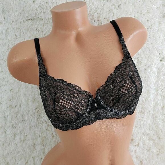 VS 36B Black Lace Mesh Unlined Demi Sexy Bra VINTAGE !!!!!!!!!!!!!!!!! - Picture 1 of 4